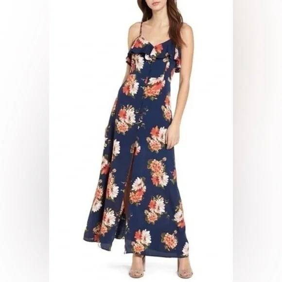 Band Of Gypsies Button Front Down Flounce Floral Maxi Dress ๐ - Picture 6 of 16